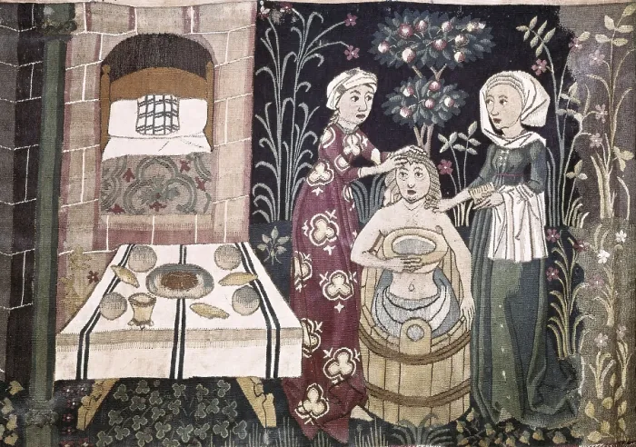 Framed Print : Tapestry depicting a bath scene of the Prodigal Son. 1460-1470. German School. Tapestry. GERMANY. Nremberg. Germanisches Nationalmuseum (German National Museum) Framed Print : Tapestry depicting a bath scene of the Prodigal Son. 1460-1470. German School. Tapestry. GERMANY. Nremberg. Germanisches Nationalmuseum (German National Museum)