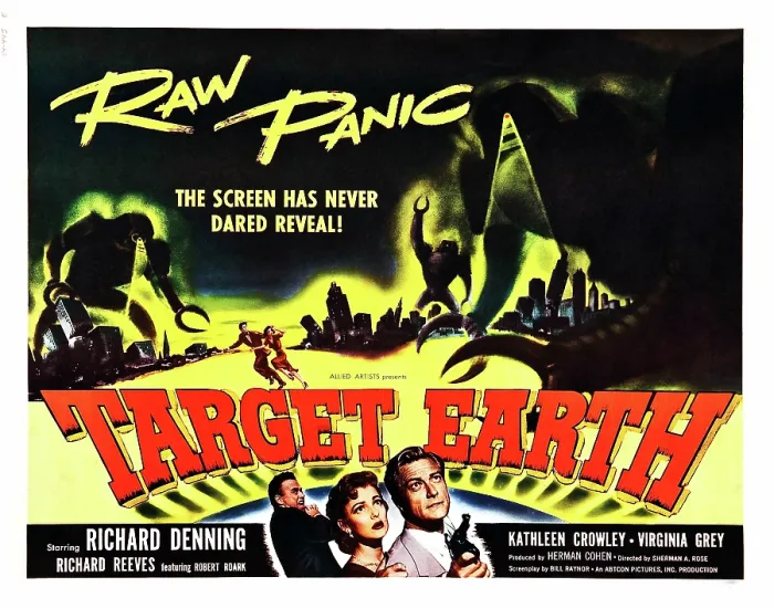 Framed Print : TARGET EARTH, bottom center: Kathleen Crowley, bottom right: Richard Denning, 1954