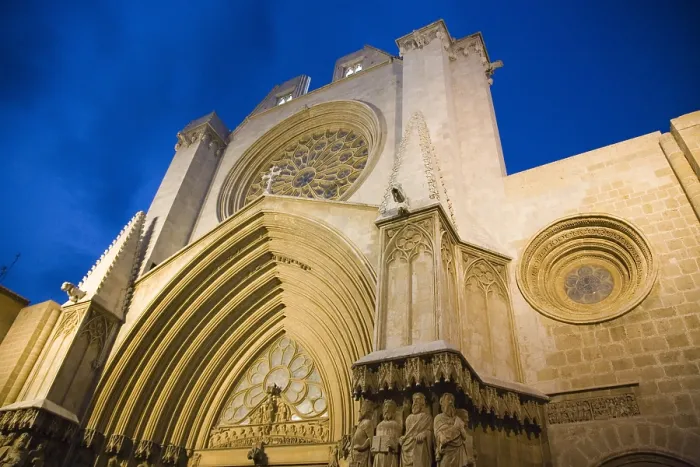 Framed Print : Tarragona Cathedral of St. Mary. 1170-1331. SPAIN. CATALONIA. Tarragona. Cathedral of St. Mary. Faade with rose window. Romanesque art. Architecture