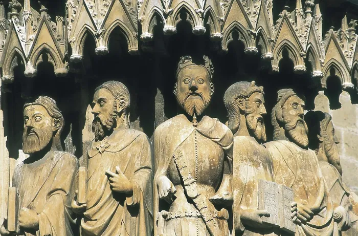 Framed Print : Tarragona Cathedral of St. Mary. 1170-1331. SPAIN. CATALONIA. Tarragona. Cathedral of St. Mary. Figures at the main faade. Gothic art. Sculpture