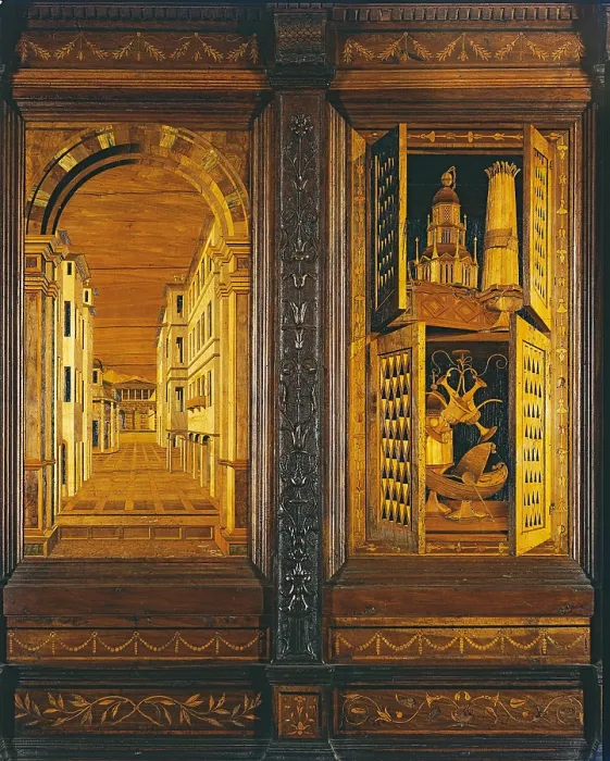 Framed Print : Tarsie of the choir of the Abbey of Monte Oliveto, by Fra Giovanni Giocondo da Verona, 1457 - 1525, 15th - 16th Century, wood - Italy, Tuscany, Monte Oliveto Maggiore