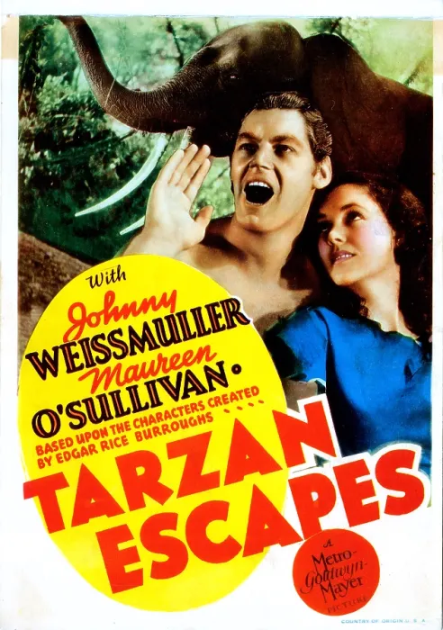 Framed Print : TARZAN ESCAPES, Johnny Weissmuller, Maureen O'Sullivan on midget window card, 1936 Framed Print : TARZAN ESCAPES, Johnny Weissmuller, Maureen O'Sullivan on midget window card, 1936