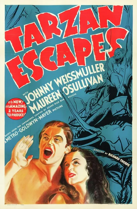 Framed Print : TARZAN ESCAPES, from left: Johnny Weissmuller, Maureen O'Sullivan, poster art, 1936