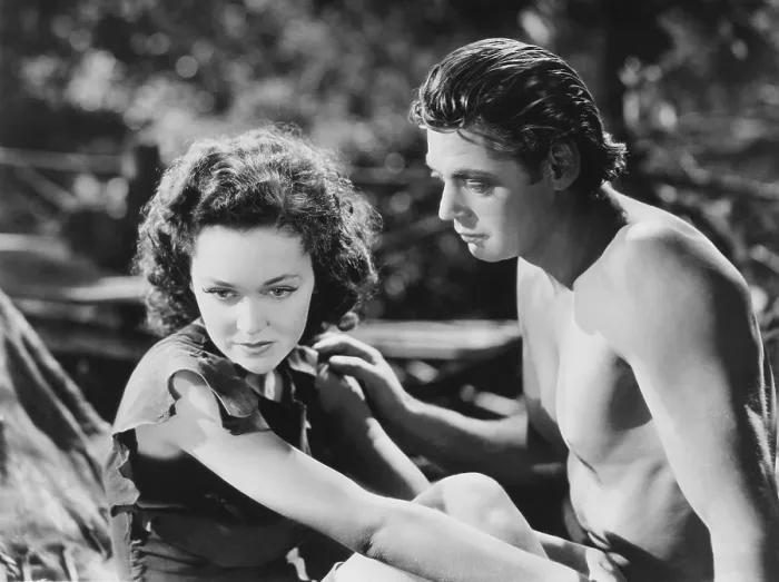 Framed Print : TARZAN ESCAPES, from left: Maureen O'Sullivan, Johnny Weissmuller, 1936