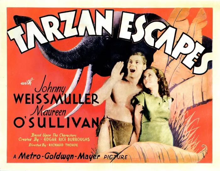 Framed Print : TARZAN ESCAPES, lobbycard, from left: Johnny Weissmuller, Maureen O'Sullivan, 1936