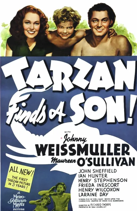 Framed Print : TARZAN FINDS A SON!, Maureen O'Sullivan, John Sheffield, Johnny Weissmuller, 1939