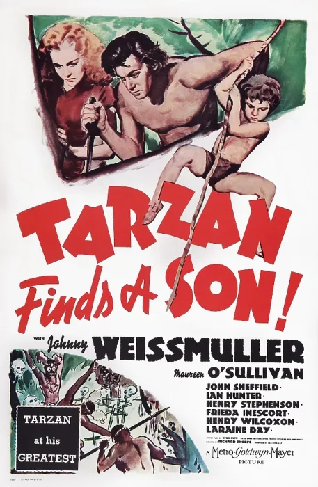 Framed Print : TARZAN FINDS A SON!, US poster art, from left: Maureen O'Sullivan, Johnny Weissmuller, Johnny Sheffield, 1939