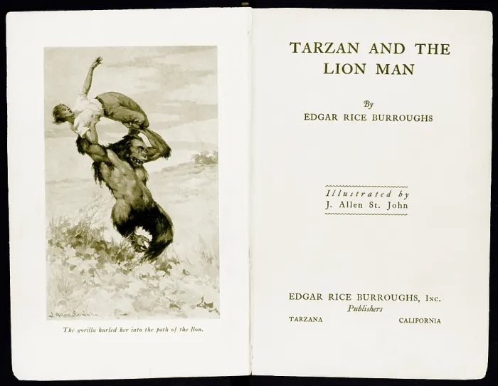 Framed Print : Tarzan and the Lion Man, 1934, by Edgar Rice Burroughs (1875-1950), American author. Title page with illustration of a gorilla hurling woman into path of lion