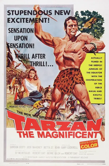 Framed Print : TARZAN THE MAGNIFICENT, US poster art, from back left: Betta St. John, Gordon Scott, 1960