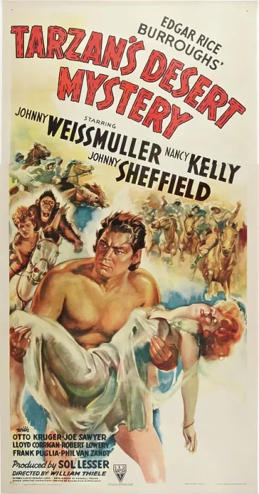 Framed Print : TARZAN'S DESERT MYSTERY, l-r: Johnny Sheffield, Cheetah, Johnny Weissmuller, Nancy Kelly on poster art, 1943