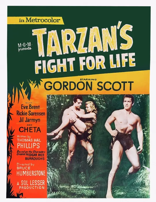 Framed Print : TARZAN'S FIGHT FOR LIFE, US poster art, left and right: Gordon Scott; center: Eve Brent, 1958