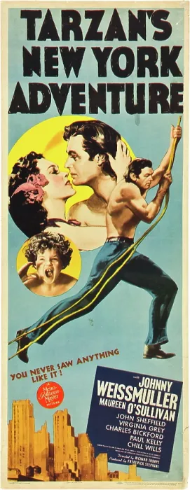 Framed Print : TARZAN'S NEW YORK ADVENTURE, from bottom left: John Sheffield, Maureen O'Sullivan, Johnny Weissmuller, 1942