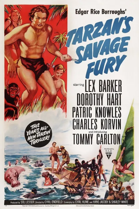 Framed Print : TARZAN'S SAVAGE FURY, US poster art, top from left: Dorothy Hart, Lex Barker, Tommy Carlton, 1952 Framed Print : TARZAN'S SAVAGE FURY, US poster art, top from left: Dorothy Hart, Lex Barker, Tommy Carlton, 1952