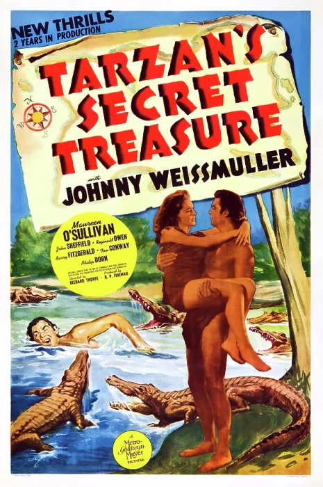 Framed Print : TARZAN'S SECRET TREASURE, US poster art, from left: Maureen O'Sullivan, Johnny Weissmuller, 1941