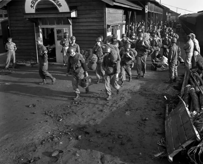 Framed Print : Task Force Smith arrives at Daejeon train station, South Korea. They were the first 406 U.S