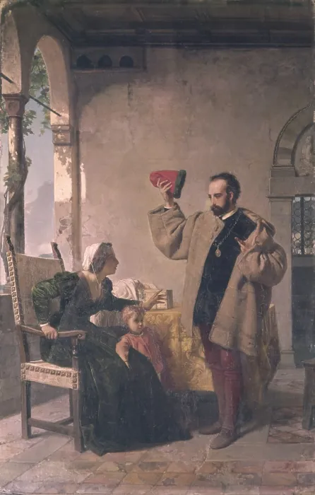 Framed Print : Tasso Goes to His Sister in Sorrento (Il Tasso si presenta alla sorella a Sorrento), by Alessandro Focosi, 1864, 19th Century, oil on canvas - Whole artwork view
