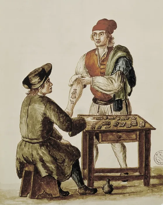 Framed Print : The Tattoo, illustration by Gravenbroch. Watercolour. ITALY. Venice. Museo Correr. - BeBa / Iberfoto / Everett Collection (455625)**US SALES ONLY**