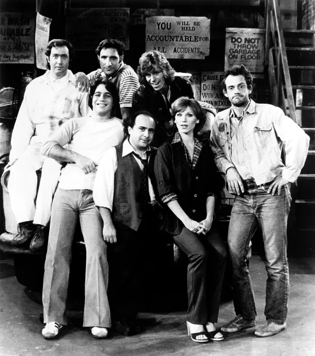 Framed Print : TAXI, (Back Row L-R), Andy Kaufman, Judd Hirsch, Jeff Conaway, (Front Row L-R), Tony Danza, Danny DeVito, Marilu Henner, Christopher Lloyd, (Season 2, 1979-1980), 1978-83