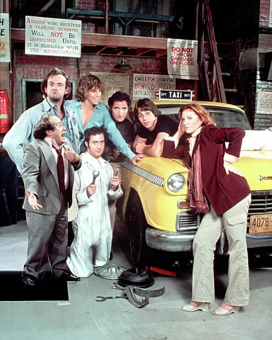 Framed Print : TAXI, (Back Row L-R), Christopher Lloyd, Jeff Conaway, Judd Hirsch, Tony Danza, (Front Row L-R), Danny DeVito, Andy Kaufman, Marilu Henner, (Season 2, 1979-1980)