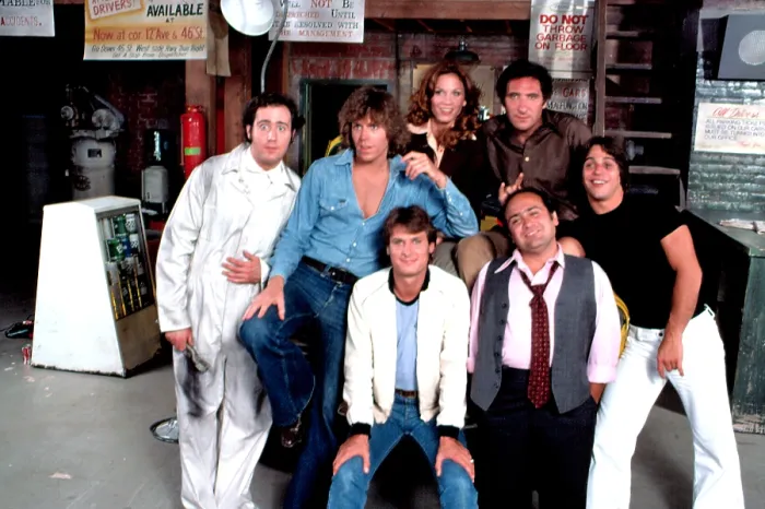 Framed Print : TAXI, (Front L-R), Randall Carver, Danny DeVito, Tony Danza, (Back), Andy Kaufman, Jeff Conaway, Marilu Henner, Judd Hirsch, Season 1, 1978-1979