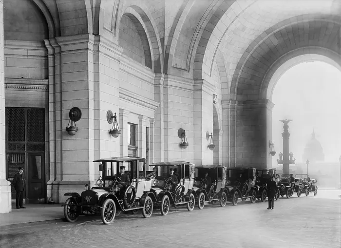 Framed Print : Taxicabs waiting in line for passengers at the new Union Station in Washington D.C. 1914. LC-DIG-hec-03986