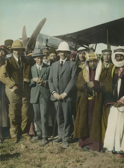 Framed Print : T.E. Lawrence, Sir Herbert Samuel, and Emir Abdullah at Aerodrome at Amman, Transjordan, April 1921. Lawrence and Samuel wear gray suits