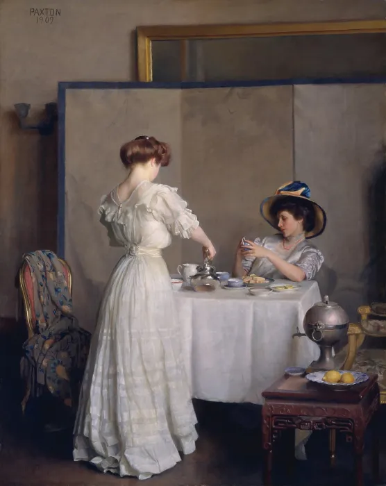 Framed Print : TEA LEAVES, by William McGregor Paxton, 1909, American painting, oil on canvas. Elegantly dressed women, having tea at a table