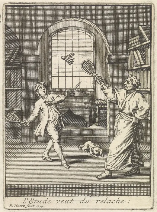 Framed Print : A Teacher Plays Badminton with His Pupil, by Bernard Picart / Gerard de Lairesse, Dutch print, etching, engraving on paper Framed Print : A Teacher Plays Badminton with His Pupil, by Bernard Picart / Gerard de Lairesse, Dutch print, etching, engraving on paper