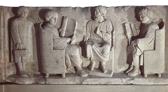 Framed Print : Teacher and pupils. Roman art. Relief on rock. GERMANY. Trier. Municipal Museum. AISA / Everett Collection**US SALES ONLY**