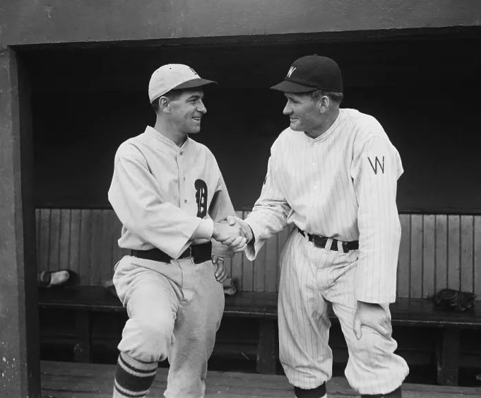 Framed Print : Former teammates Walter Johnson and Bucky Harris meet as managers of opposing baseball teams