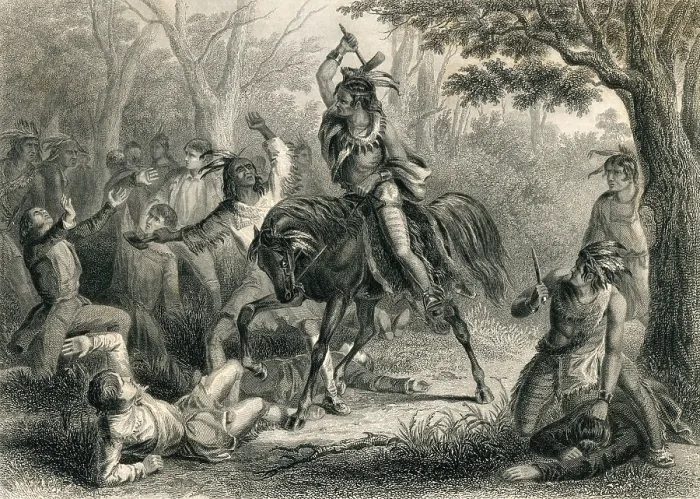 Framed Print : Tecumseh saving American prisoners captured in Upper Canada, June 18, 1812. British guards under Gen