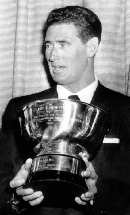 Framed Print : Ted Williams, Boston Red Sox, with his Clark Griffith Memorial Trophy for contribution to baseball. Touchdown Club, Washington, DC. January 7, 1956