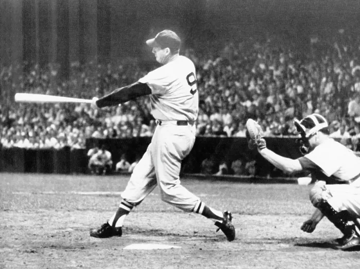 Framed Print : Ted Williams of the Boston Red Sox hitting a Grand Slam home runm tying him with Babe Ruth, Detroit, Michigan July 30