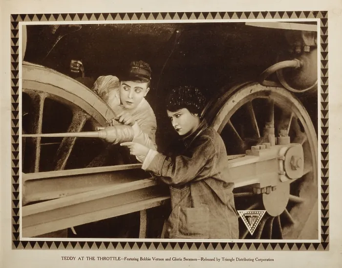 Framed Print : TEDDY AT THE THROTTLE, lobbycard, from left: Bobby Vernon, Gloria Swanson, 1917