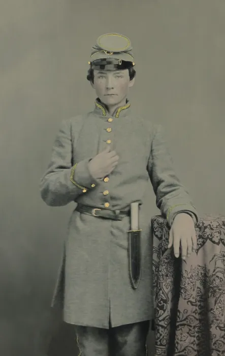 Framed Print : Teenage Confederate soldier in uniform with a Bowie knife on his belt, c. 1861-65. In February 1864, 17 year old boys were conscripted into the army