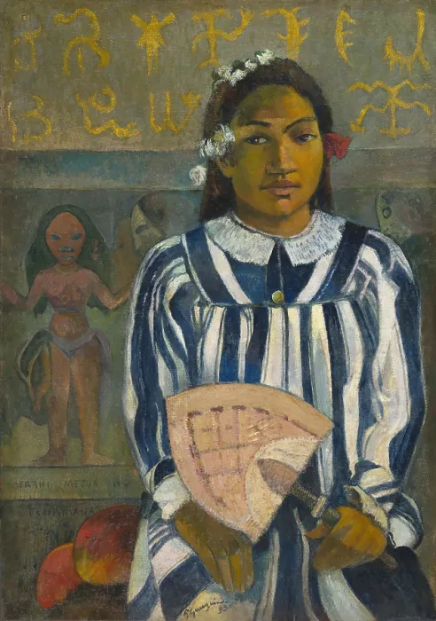 Framed Print : Tehamana Has Many Parents, (The Ancestors of Tehamana), 1893, by Paul Gauguin, 1848-1903, French Post-Impressionist, painting, oil on jute canvas Framed Print : Tehamana Has Many Parents, (The Ancestors of Tehamana), 1893, by Paul Gauguin, 1848-1903, French Post-Impressionist, painting, oil on jute canvas