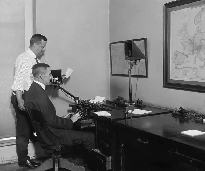 Framed Print : Telegraph Room of the White House on August 1, 1923. It was used to communicate with President Warren Harding during his extended Western travels in summer of 1923