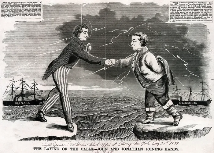 Framed Print : Telegraph. Woodcut of the first transatlantic telegraphic message between the United States and Great Britain. Uncle Sam and John Bull shake hands across the sea. 1858