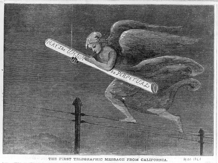 Framed Print : Telegraph. Woodcut of the first transcontinental telegraphic message from California. Angel carrying telegram, May the Union be Perpetual, on telegraph wires Framed Print : Telegraph. Woodcut of the first transcontinental telegraphic message from California. Angel carrying telegram, May the Union be Perpetual, on telegraph wires