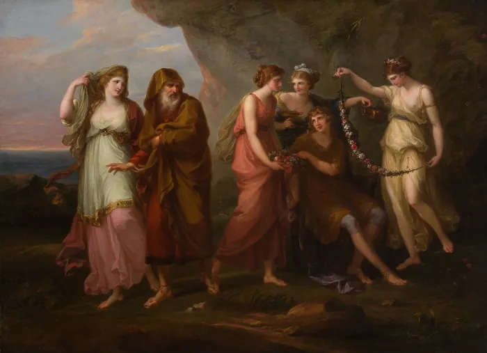 Framed Print : TELEMACHUS AND THE NYMPHS OF CALYPSO, by Angelica Kauffmann, 1782, Swiss painting, oil on canvas