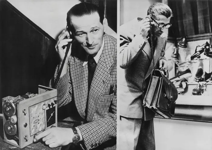 Framed Print : The Telephonogramme was invented by Vital Gassmann. Paris, May 10, 1950. The receiver of this early wireless mobile telephone could fit into a briefcase