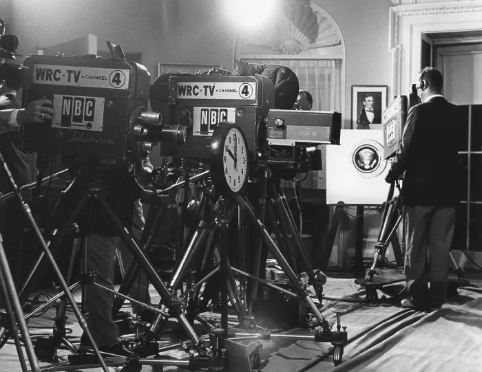 Framed Print : Television cameras at an event at the White House. July 25, 1955. President Eisenhower addressed the nation of the Big Four Conference at Geneva Framed Print : Television cameras at an event at the White House. July 25, 1955. President Eisenhower addressed the nation of the Big Four Conference at Geneva