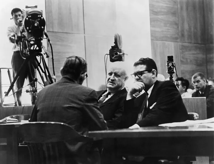 Framed Print : Television cameras filming Billie Sol Estes right conferring with his attorneys during his fraud trial for receiving millions of agricultural subsidies