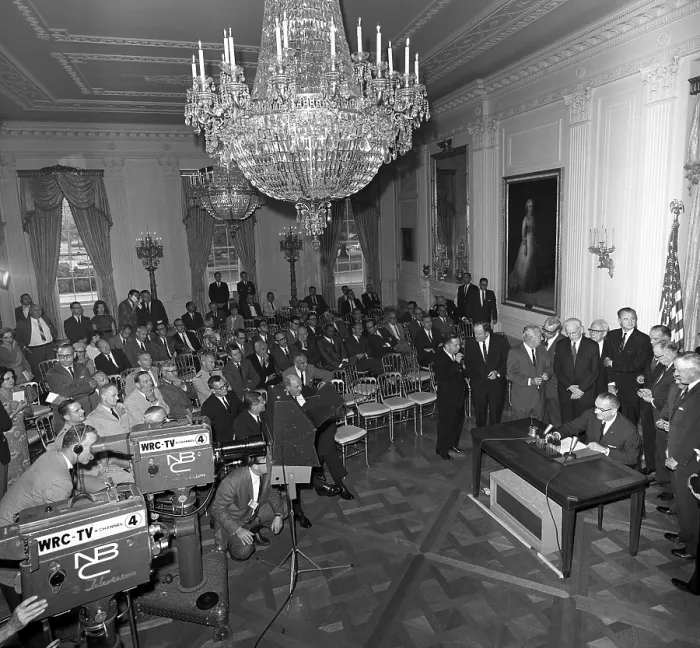 Framed Print : Television cameras at President Lyndon Johnson's signing of the Gulf of Tonkin resolution Framed Print : Television cameras at President Lyndon Johnson's signing of the Gulf of Tonkin resolution