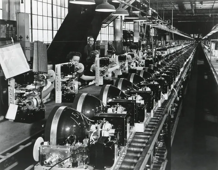 Framed Print : Television chassis on an assembly line with women workers in a U.S. factory. July 1949. - (BSLOC_2014_17_137)