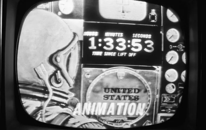 Framed Print : Television screen displaying a simulation of John Glenn in the Friendship 7 space capsule Framed Print : Television screen displaying a simulation of John Glenn in the Friendship 7 space capsule