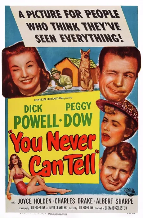 Framed Print : YOU NEVER CAN TELL, US poster, Peggy Dow (top left), Dick Powell (in dog house), right from top: Dick Powell, Joyce Holden, Charles Drake, 1951
