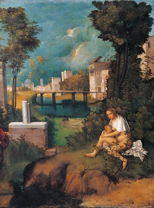 Framed Print : The Tempest, by Giorgio da Castelfranco known as Giorgione, 1505 - 1506 about, 16th Century, oil on canvas, cm 82 x 73 - Italy, Veneto, Venice, Accademia Art Galleries. Detail