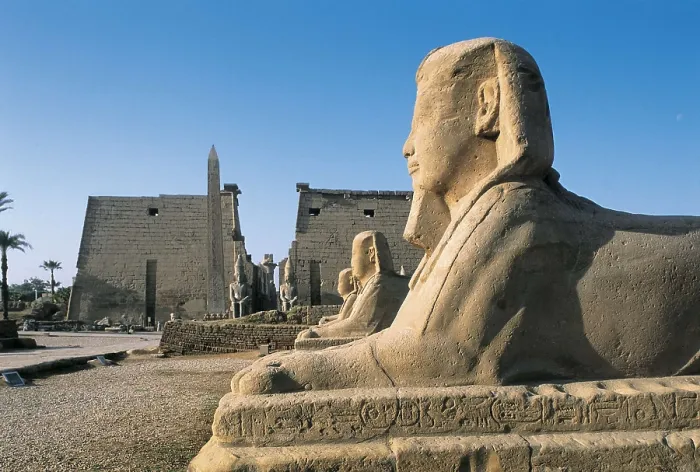 Framed Print : Temple of Amon - Ra. EGYPT. QUENA. Luksor. Thebes. Temple of Amon - Ra. Sphinx Avenue and pylon of Ramesses II. Egyptian art. New Kingdom. Architecture