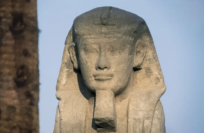 Framed Print : Temple of Amon - Ra. EGYPT. QUENA. Luksor. Thebes. Temple of Amon - Ra. Avenue of ram's-head sphinxes. Detail of a sphinx. Egyptian art. New Kingdom. Architecture